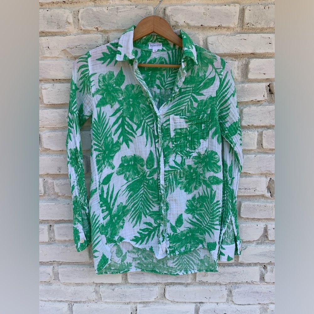 Felicite Gauze Cotton Shirt green tropical print button down 100% cotton size XS